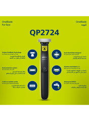 OneBlade QP2724/10,Trim, Edge & Shave Any Length of Hair,3 Stubble Combs, Dual-Sided Blade,Wet & Dry Use, 45min Cordless Use